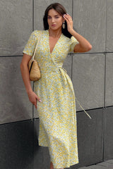 V-Neck Short Sleeve Floral Wrap Dress