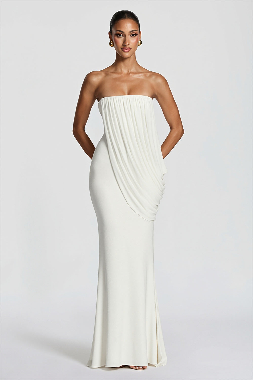 Solid Strapless Ruched Mesh Bodycon Dress