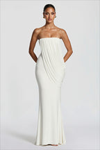 Solid Strapless Ruched Mesh Bodycon Dress