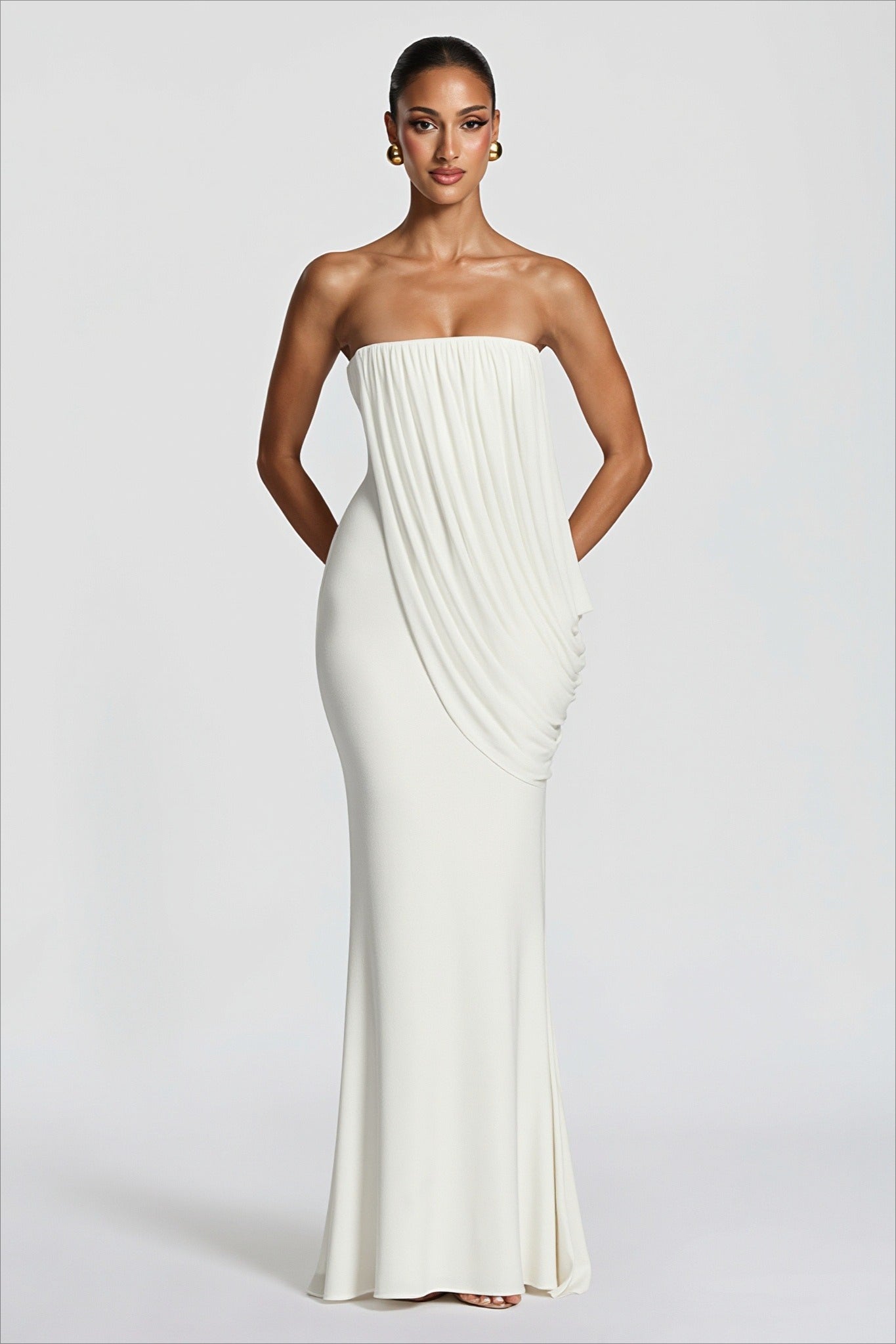Solid Strapless Ruched Mesh Bodycon Dress