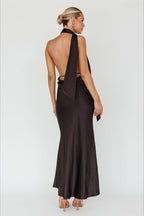 Solid Deep V Halter Backless Fitted Dress