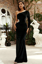 Elegant Long Sleeve Asymmetrical Neck  Cutout Bodycon Velvet Formal Dress