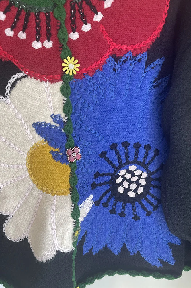 Vintage Floral Embroidered Knit Cardigan