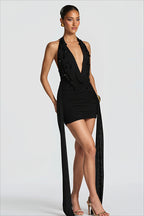 Rhinestone Plunge Halter Scarf Tie Bodycon Mini Dress
