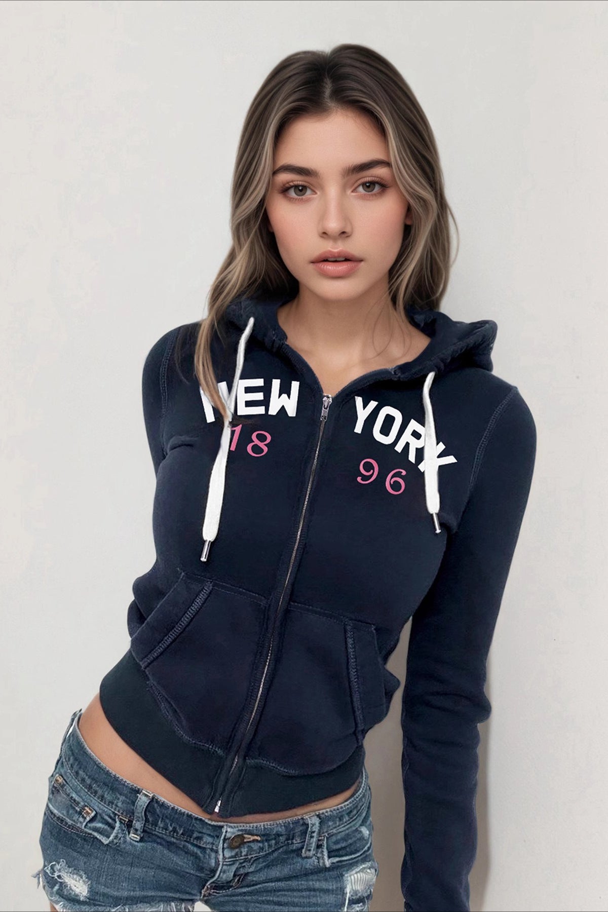 Letter Print Zip-Up Cropped Hoodie Main image