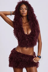 Deep V Hooded Backless Tie Fuzzy A Line Two Piece Set