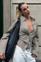 Retro Checkered Belted Blouse