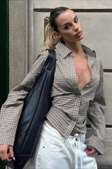 Retro Checkered Belted Blouse