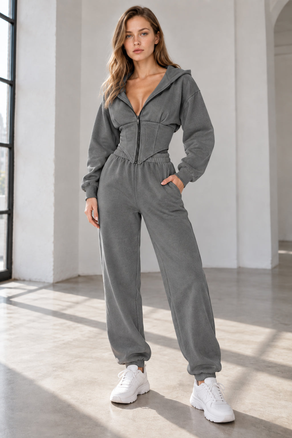 Hooded Drawstring Two Piece Pants Set
