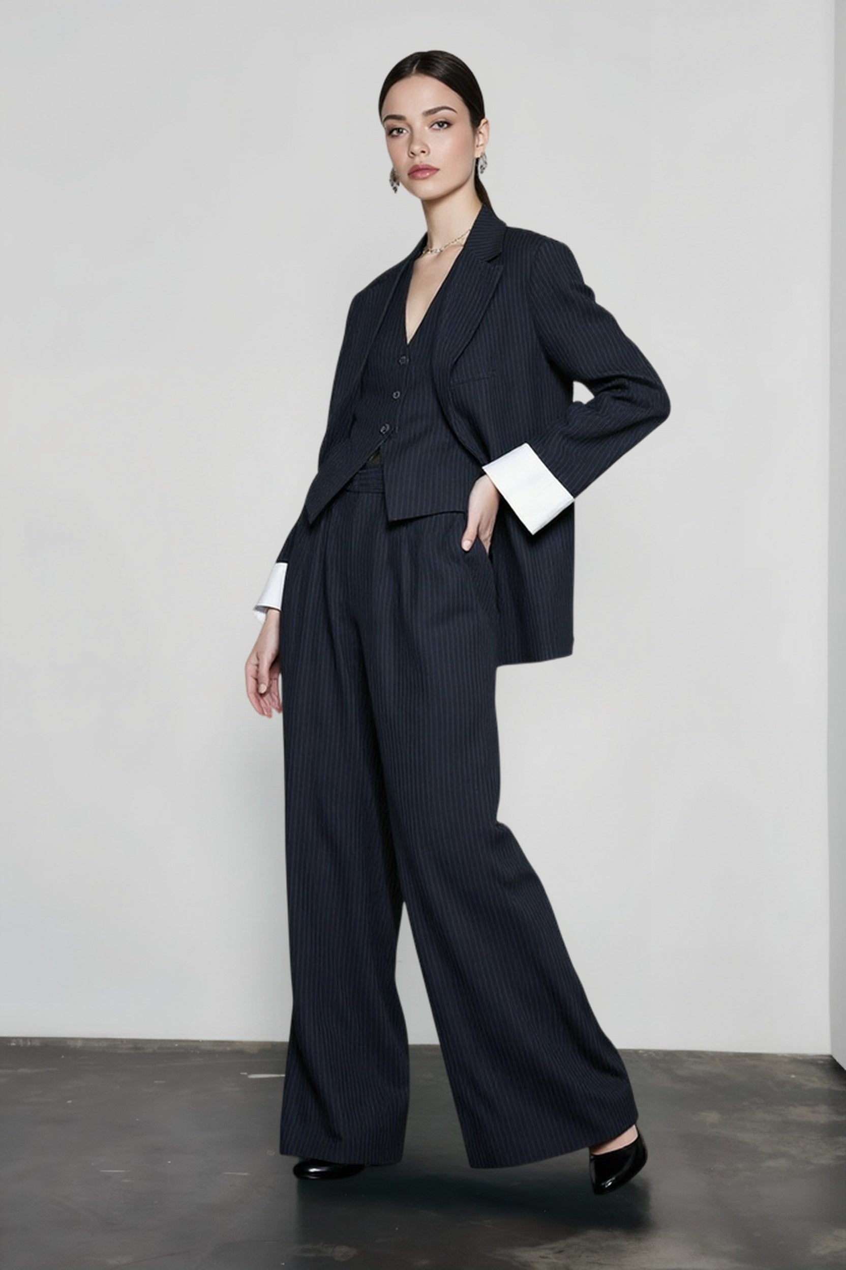 Grey Striped Vest Wide Leg Three Piece Set Main image