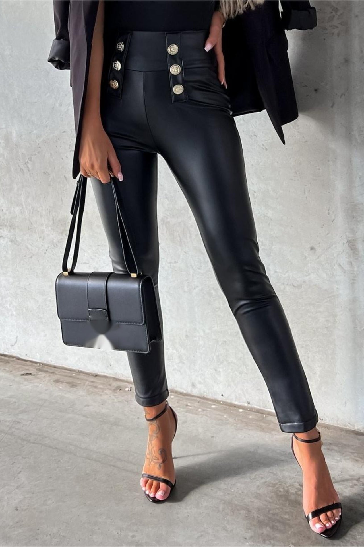 Buttoned PU Slim Fit  Tight Casual Fashion Pants Main image