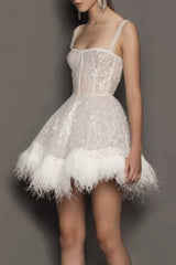 Feather Sequin Tube Top Spaghetti Strap Sequin Dress