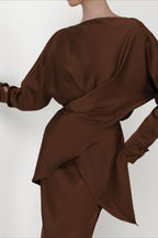 Solid Satin Cinched Waist Skirt Set