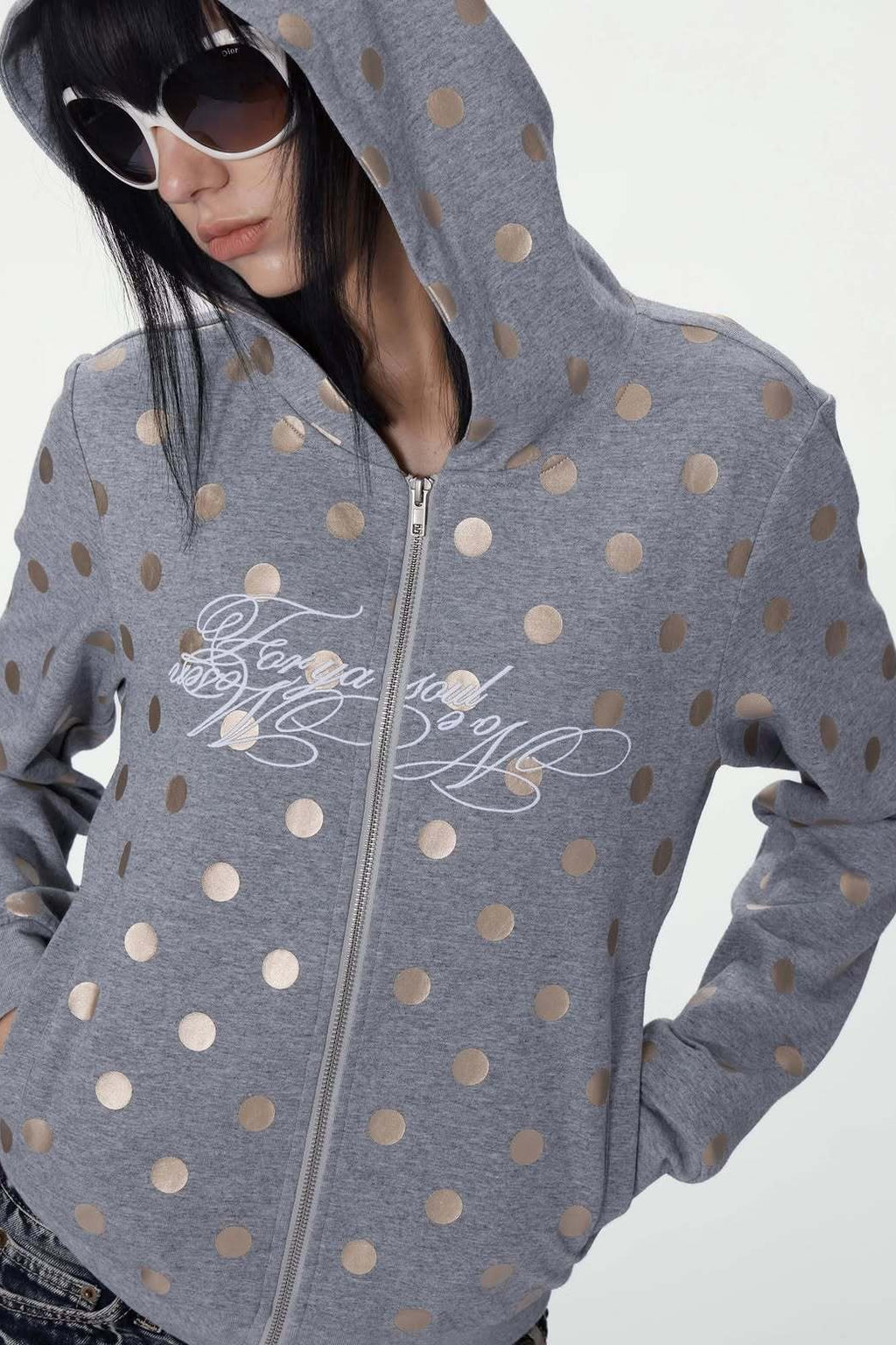 Polka Dot Embroidered Zip Up Hoodie