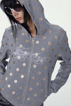 Polka Dot Embroidered Zip Up Hoodie