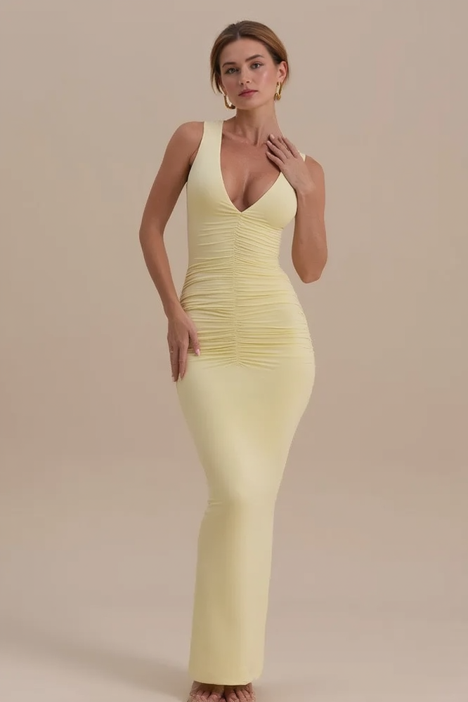 Sleeveless V Neck Ruched Back Slit Bodycon Party Dress Secondary image