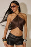 Fringe Halter Cami Tie Back Crop Top