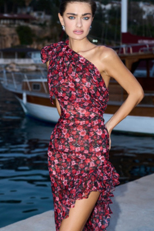 Off Shoulder Ruffled Floral Asymmetric Boho Dress Main image