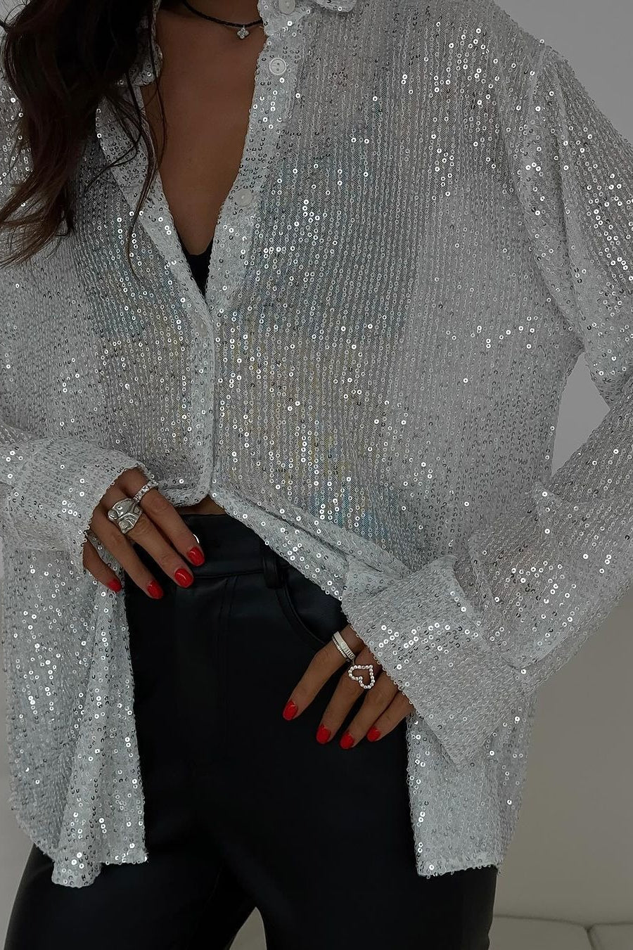 Sequin Collared Long Sleeve  Glamorous Blouse Main image