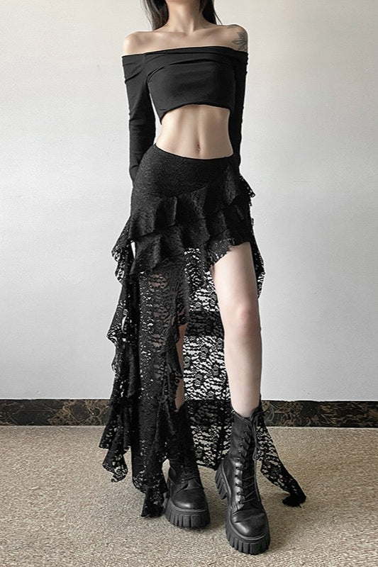 Lace Overlay Wave Detail Bodycon Skirt Secondary image