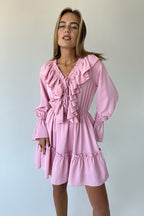 Chiffon V Neck Bell Sleeve Ruffle Mini Dress