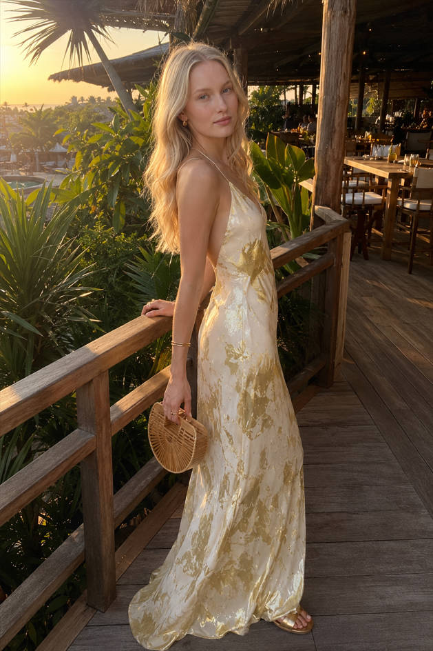 Metallic Print V-Neck Backless Slip Long Dress Secondary image