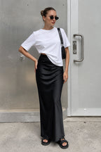 Fashion Elegant Satin Solid Black High Waist Long Skirt