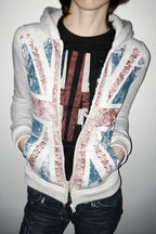 Distressed Union Jack Rhinestone Full Zip Hoodie