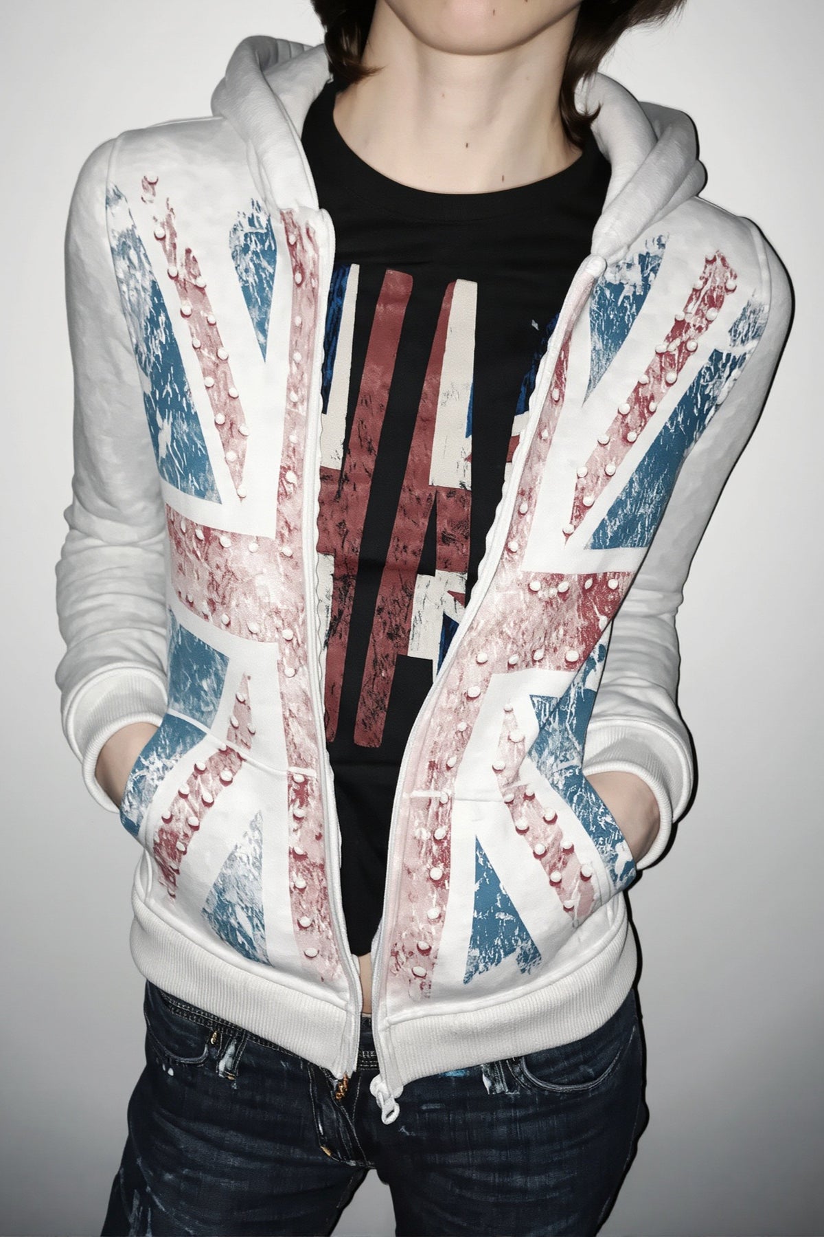 Distressed Union Jack Rhinestone Full Zip Hoodie