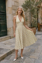 Deep V-Neck Backless Floral A-Line Floral Dress