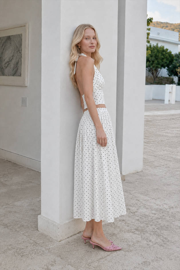 Sexy Polka Dot Halter Tie Top Low Rise Skirt Set