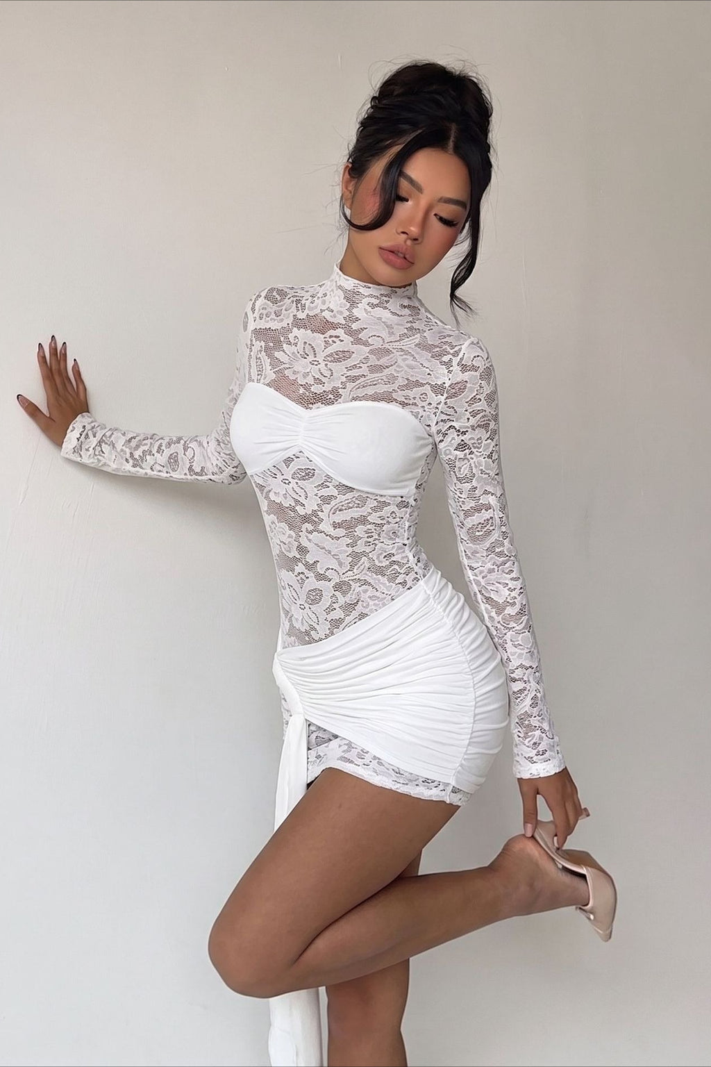Lace Panel High Neck Draped Asymmetric Mini Dress
