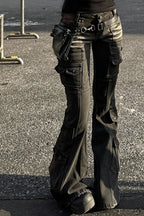 Washed Buckled Pocket Cargo Flare Jeans