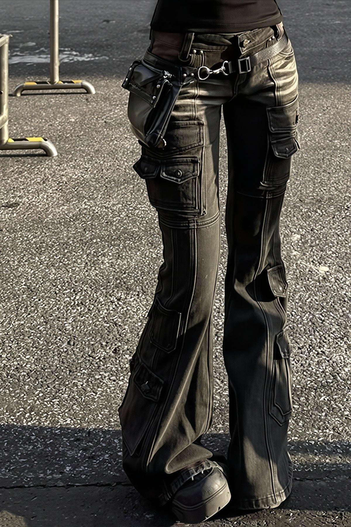 Washed Buckled Pocket Cargo Flare Jeans