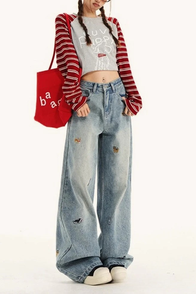 Embroidered Dog Wide Leg Jeans Secondary image