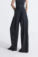 Grey Striped Vest Wide Leg Three Piece Set