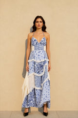 Boho Tie Shoulder Patchwork Floral Dress