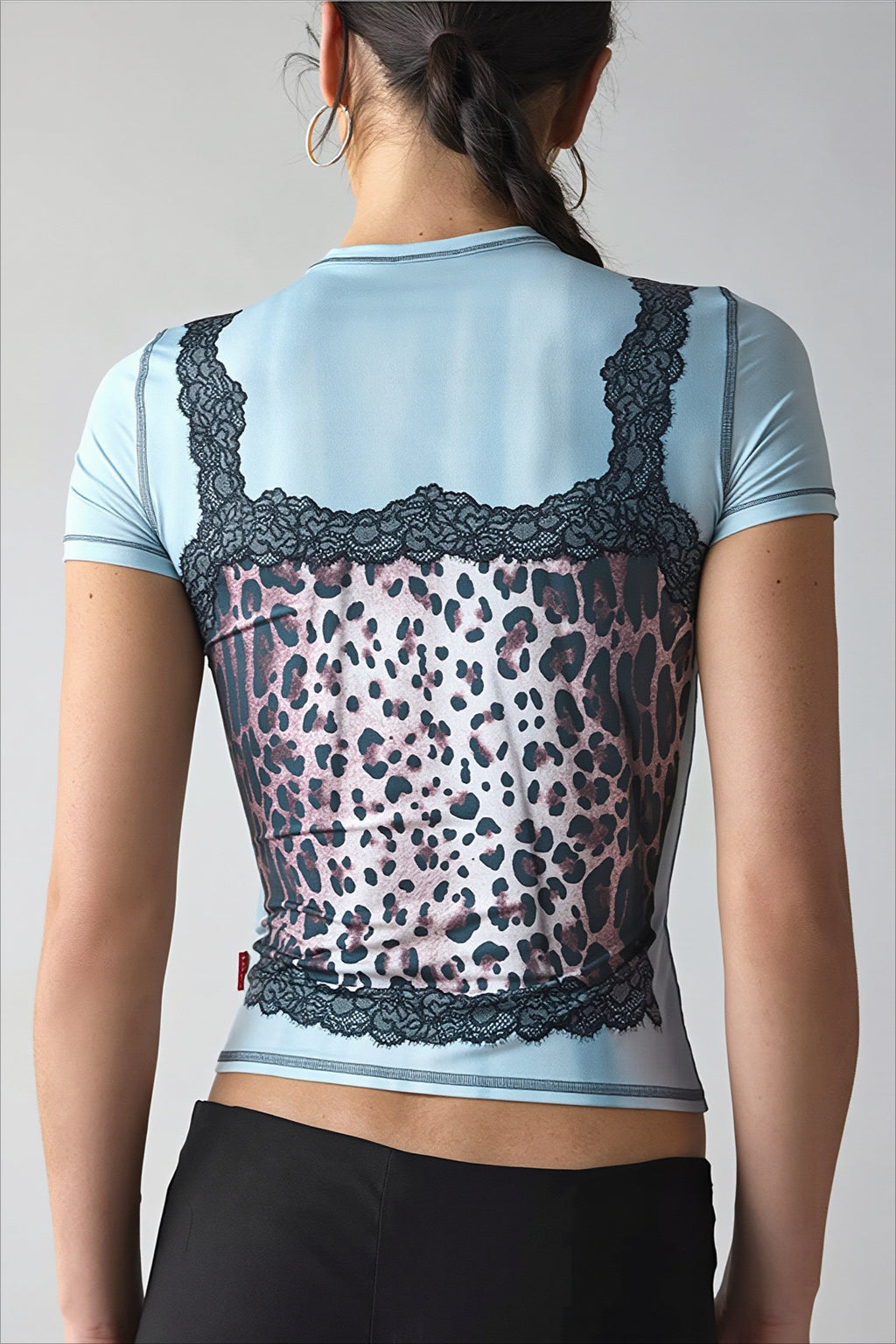 Leopard Lace Panel Fitted Cropped T-Shirt
