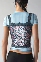 Leopard Lace Panel Fitted Cropped T-Shirt