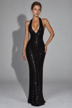 Sequin Deep V-Neck Bodycon Maxi Dress