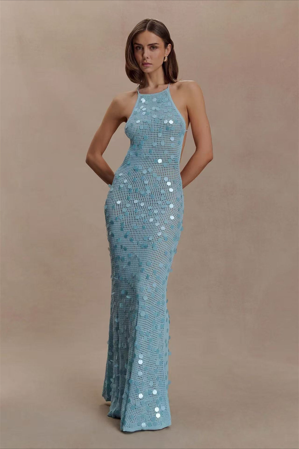 Sequin Open Back Camisole Fitted Maxi Party Dress