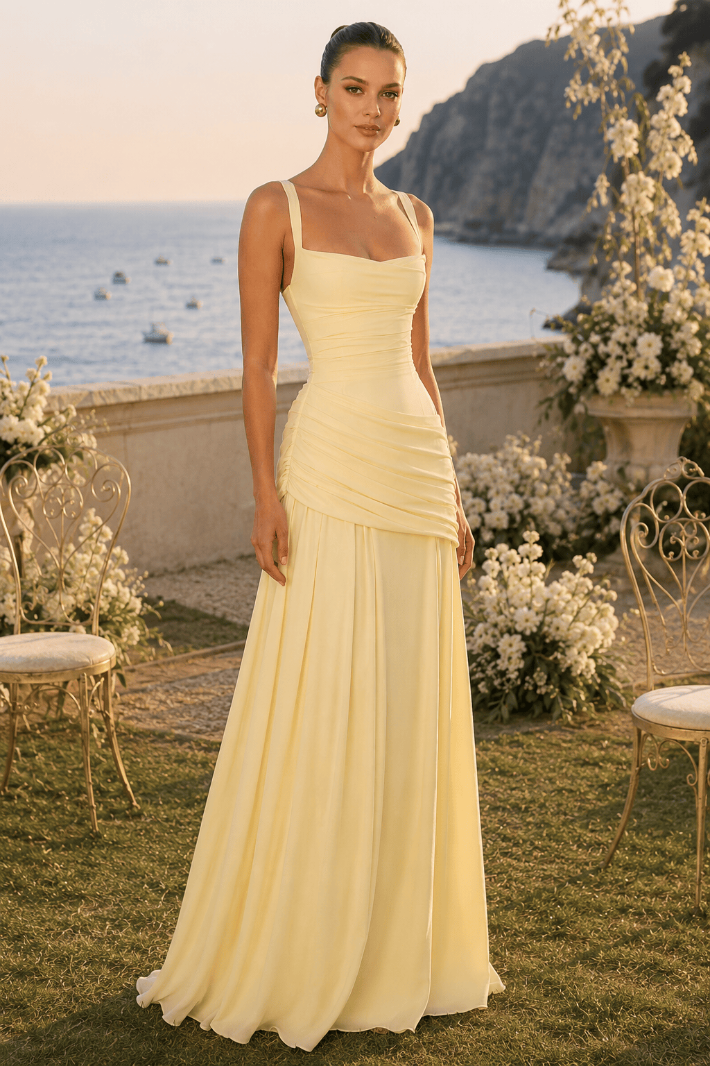 Solid Plunge Ruched Waist Backless Slip Dress Secondary image