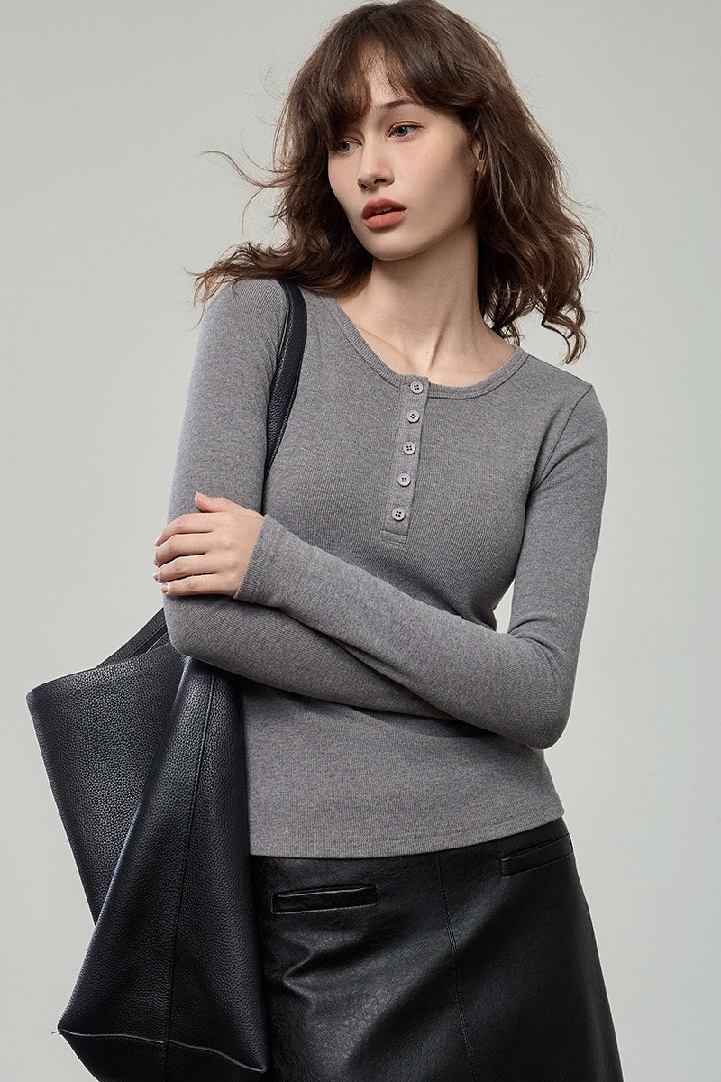Stretchy Ribbed Henley Long Sleeve Top Main image