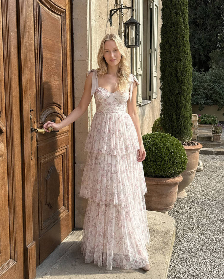 Pink Backless Strap Tiered Floral Dress Main image