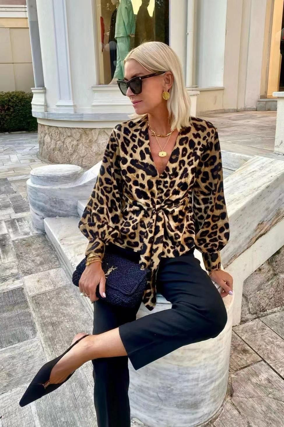 Leopard Print Tie Front V Neck Elegant Long Sleeve Blouse Secondary image