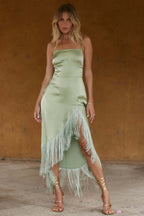 Solid Sling Backless Tie Fringe Asymmetrical Midi Cocktail Dress
