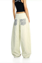 Leopard Panel Studded Barrel Leg Jeans