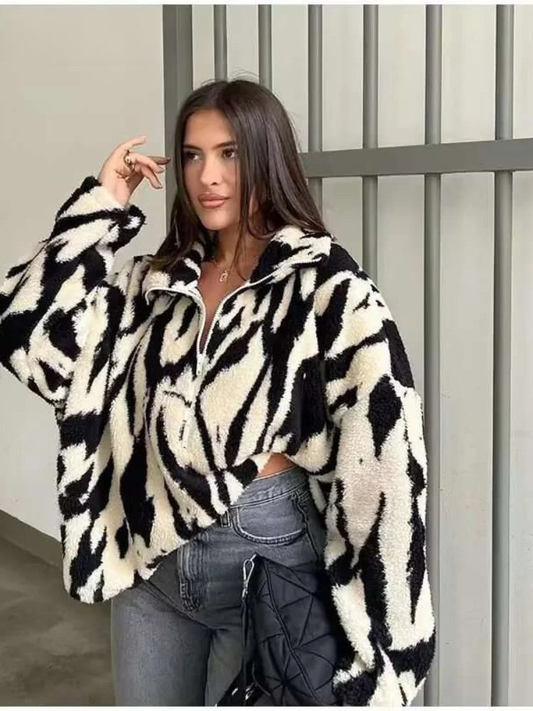 Casual Contrast Woolen Long Stand Zippers Warm Spring Autumn Chic Coat Main image