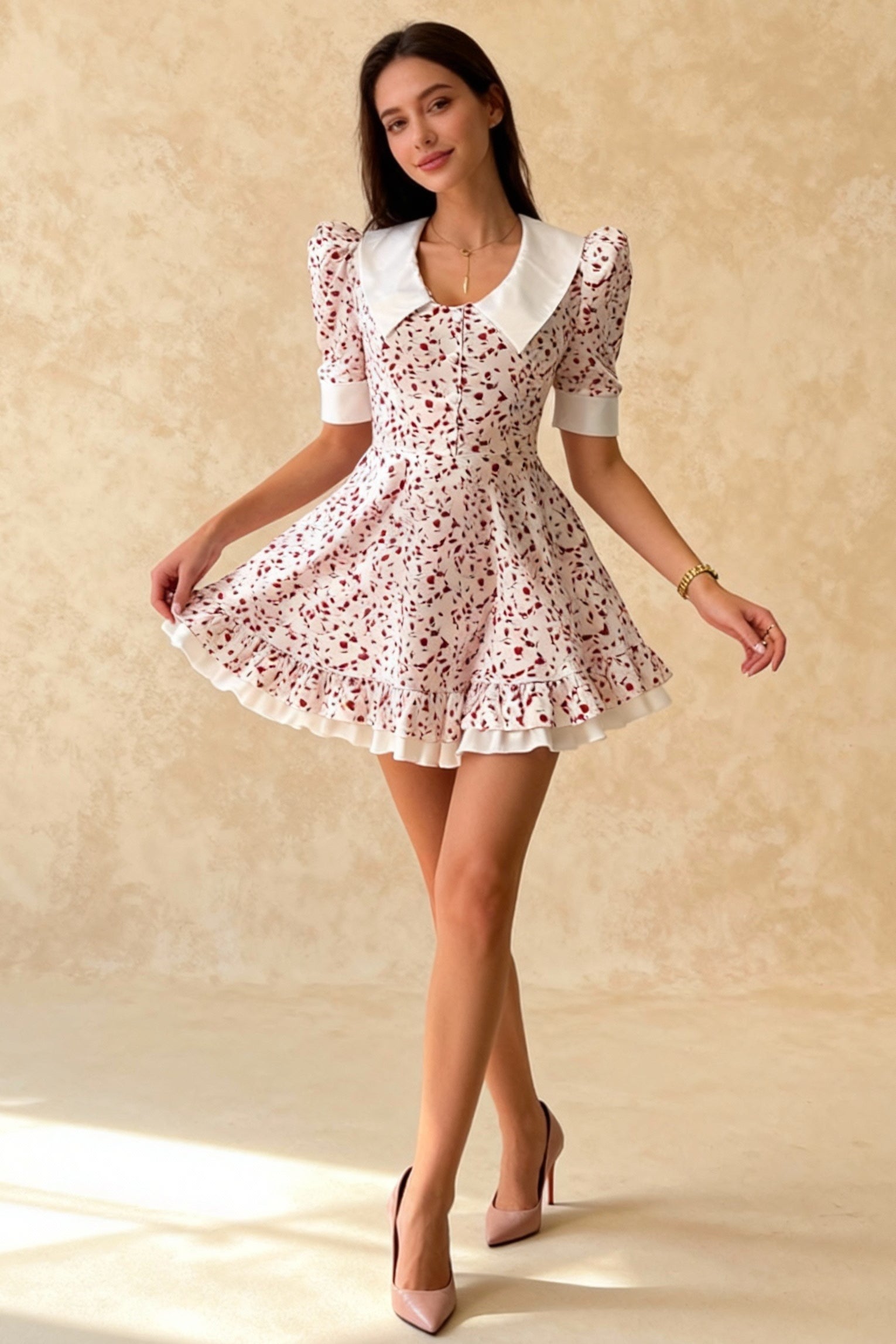 V-Neck Floral Puff Sleeve Babydoll Mini Dress Main image