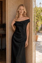 Satin Off Shoulder Backless Tie Waist Slim Fit Long Sexy Prom Dress